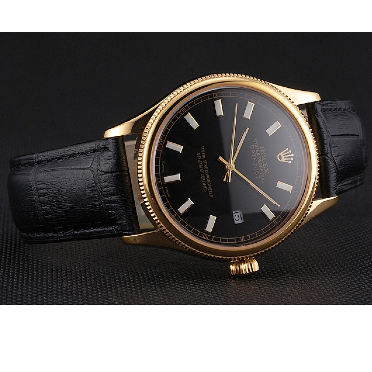 Rolex aaa copy Swiss Case Rolex Strap Leather Gold Black Black Datejust Dial 0626